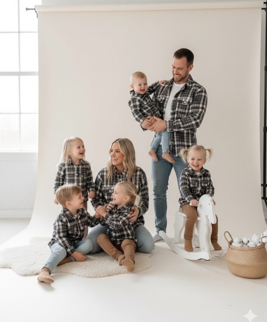 Koszula flanelowa w kratę MaMA/Tata/syn/córka beżowa/szara