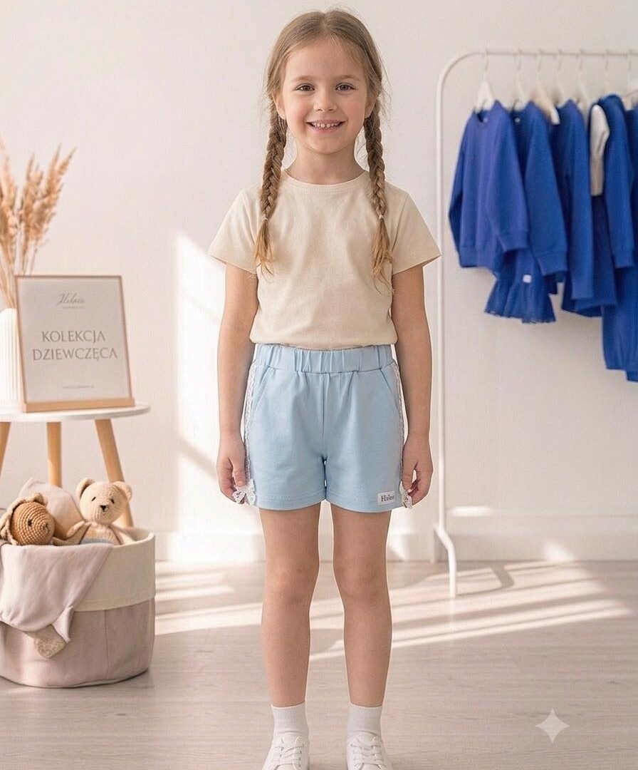Dziewczęce Szorty z Koronkowym Lampasem – Błękitne