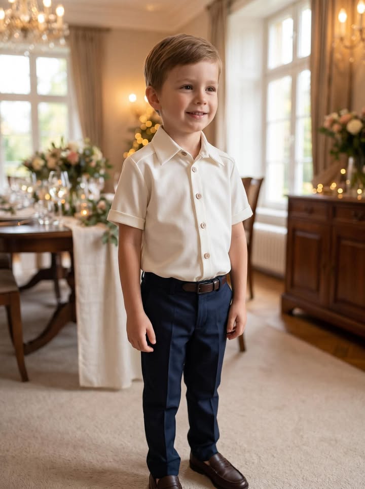 Ecru koszula chłopięca z krótkim rękawem – elegancja na wyjątkowe okazje KAYA